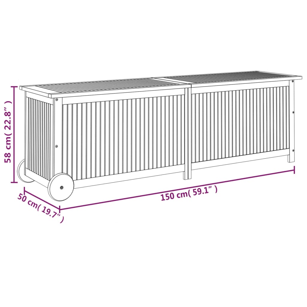 Rolling Garden Storage Box 150x50x58 cm - Solid Acacia Wood
