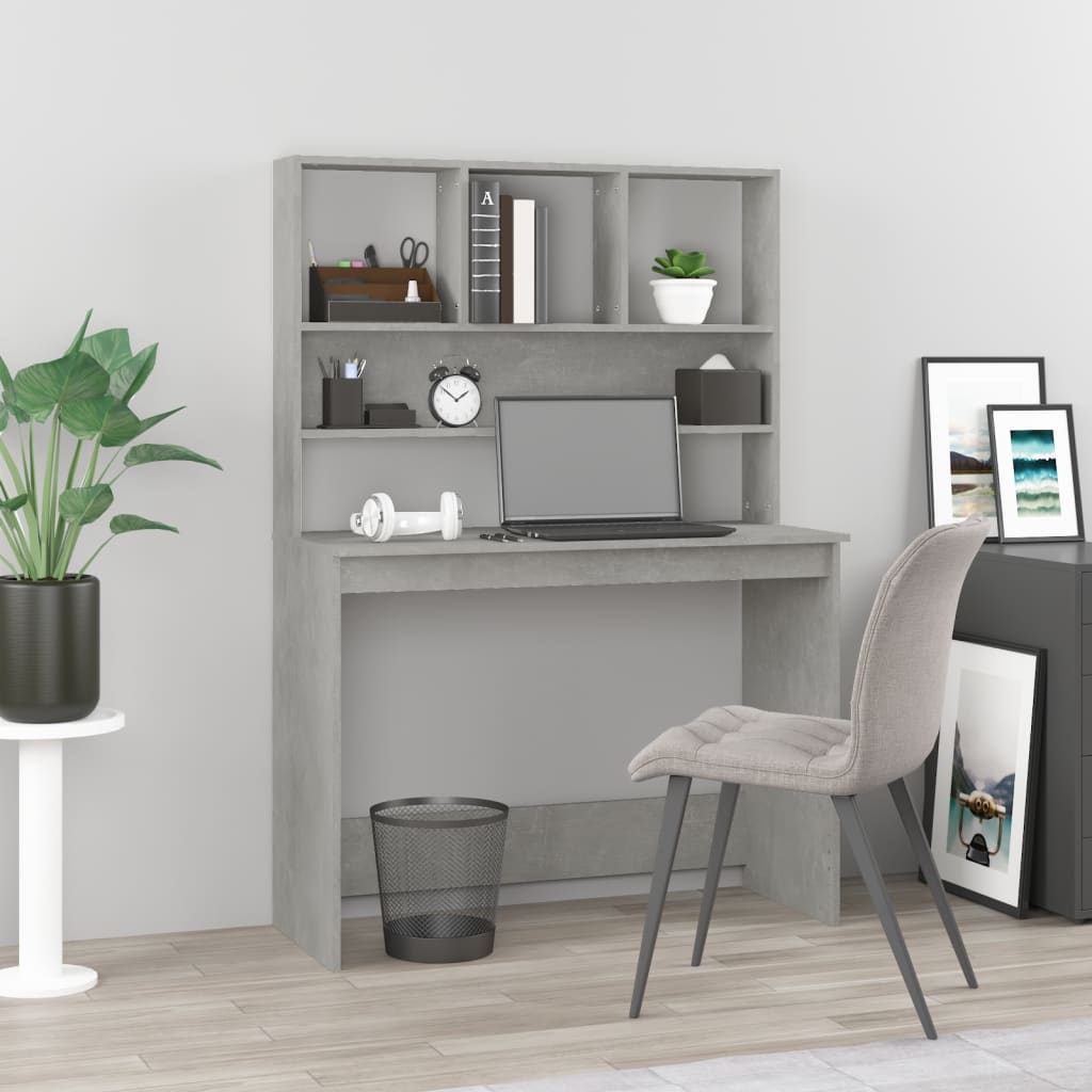 Concrete Grey Desk with Shelves - 102x45x148 cm, Engineered Wood