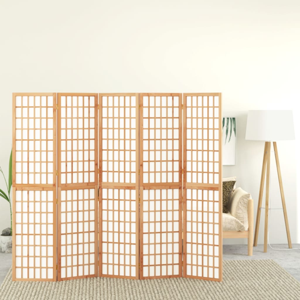 Japanese-Style Folding 5-Panel Room Divider, Wood, 200x170 cm