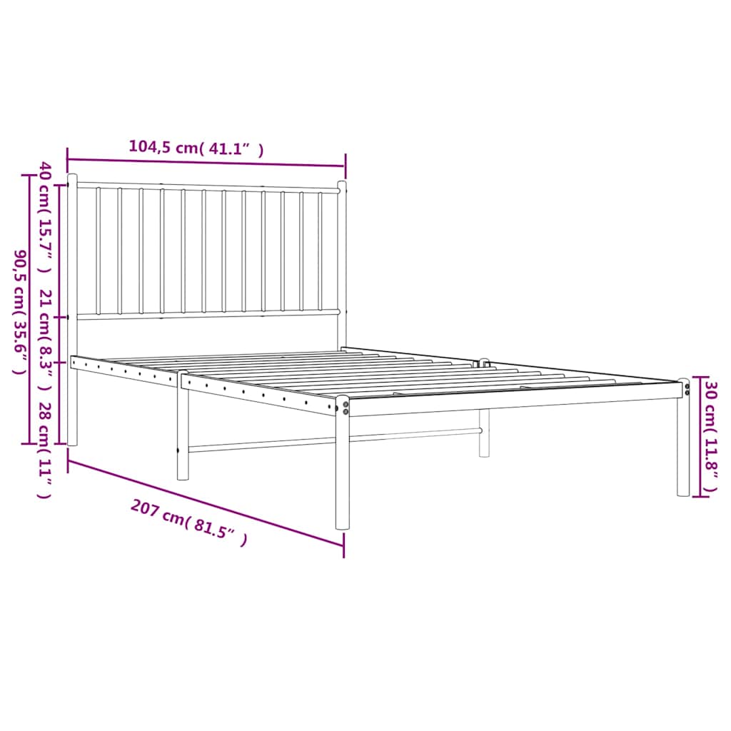 White Metal Bed Frame with Headboard - 100x200cm, No Mattress