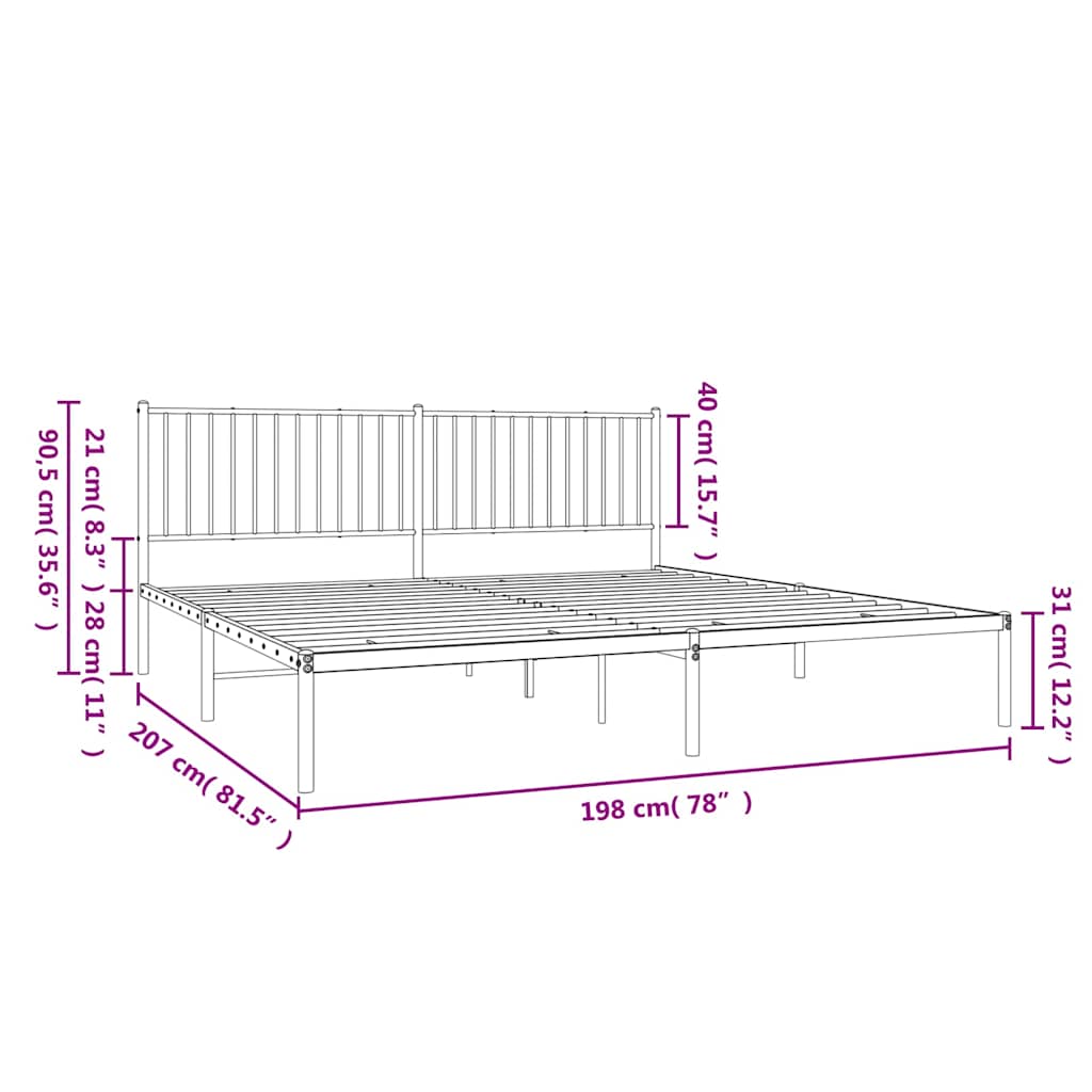 White Metal Bed Frame with Headboard, 193x203cm - Mattress Not Included