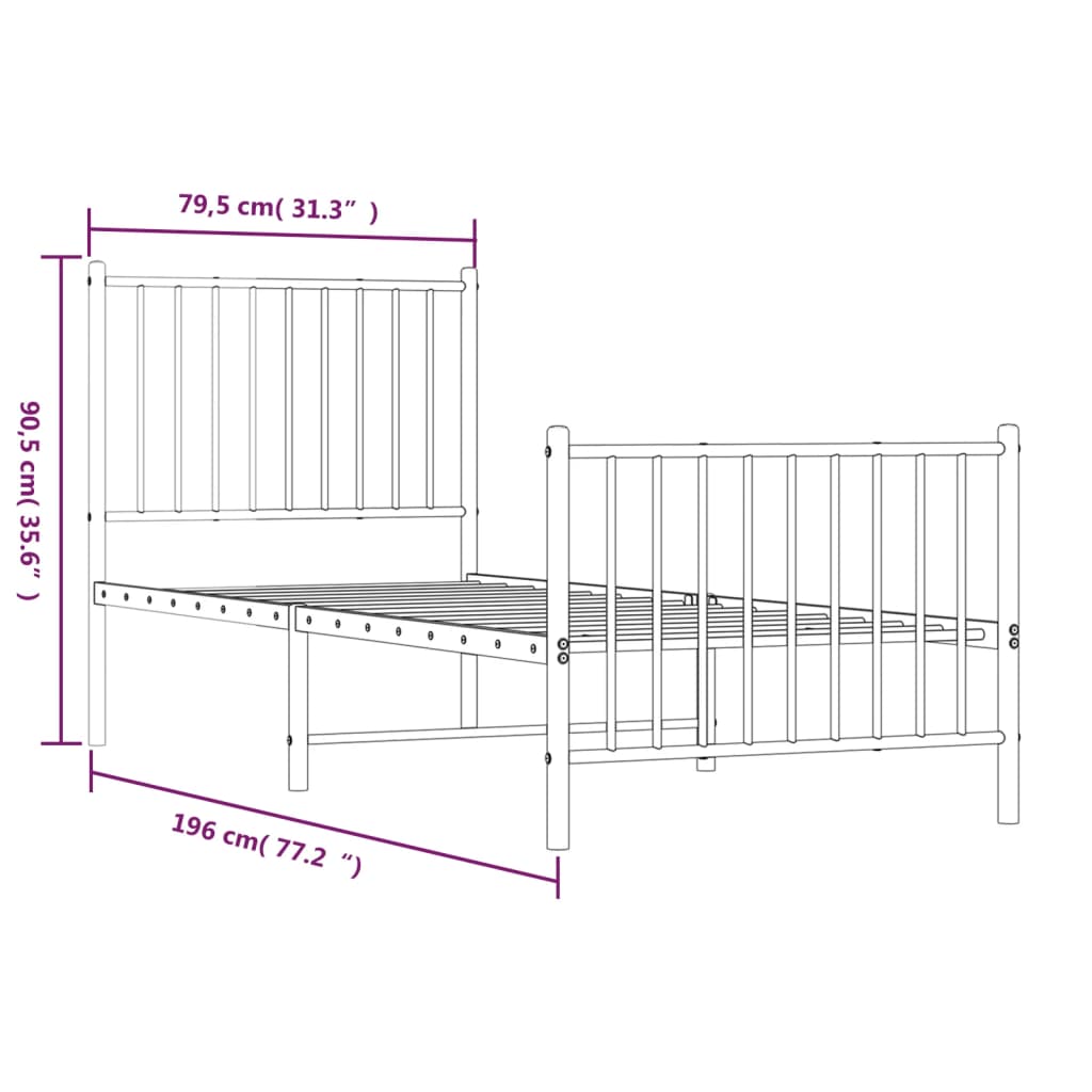 White Metal Bed Frame with Footboard, 75x190cm, No Mattress Included