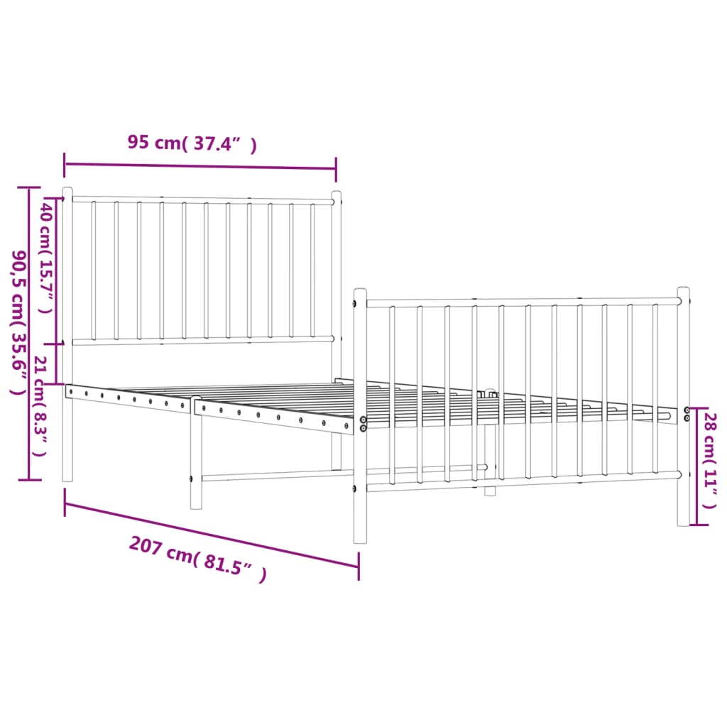 White Metal Bed Frame with Footboard - 90x200cm, No Mattress