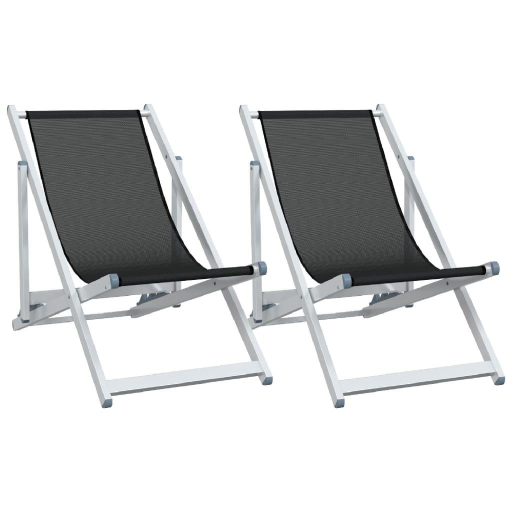 2-Piece Black Aluminum Folding Beach Chairs - Durable Textilene