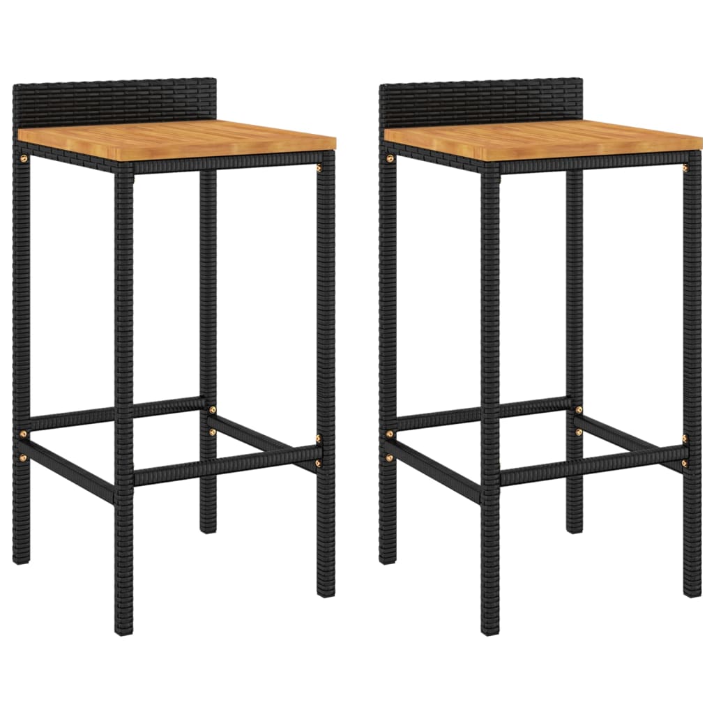 Black Poly Rattan & Acacia Bar Stools Set of 2