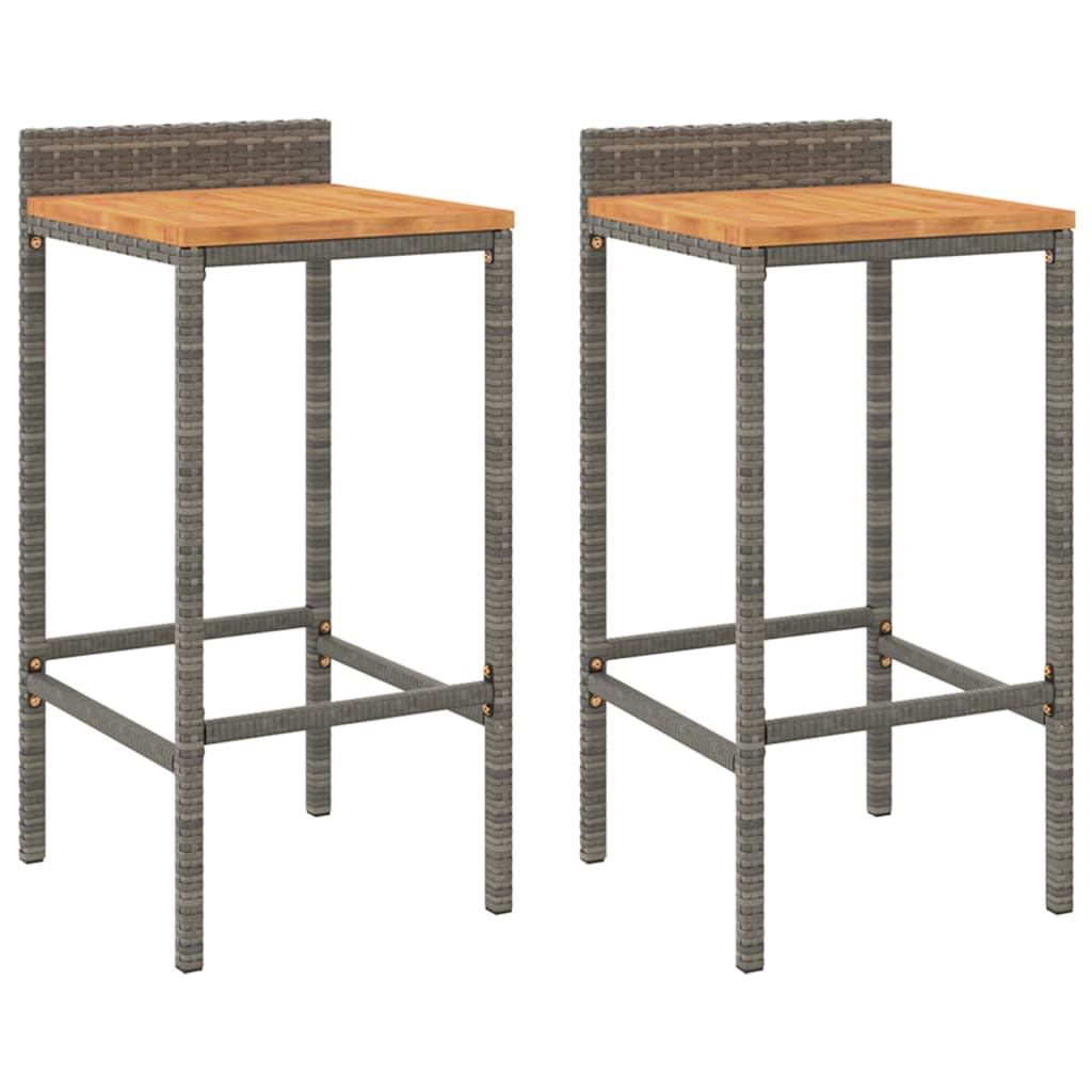 Grey Poly Rattan & Acacia Wood Bar Stools - Set of 2