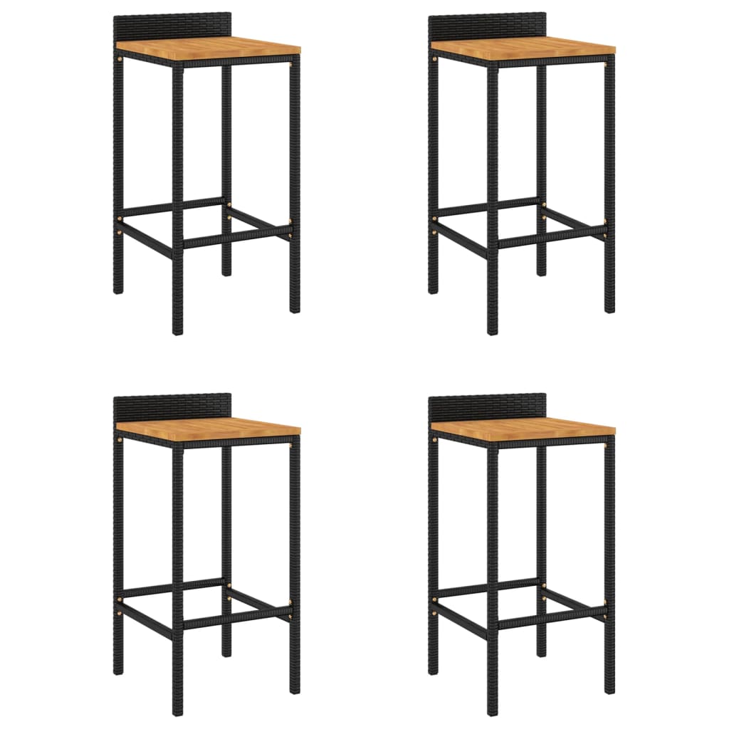 Black Poly Rattan & Acacia Bar Stools - Set of 4