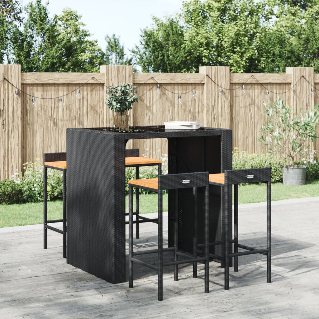 Black Poly Rattan & Acacia Bar Stools - Set of 4