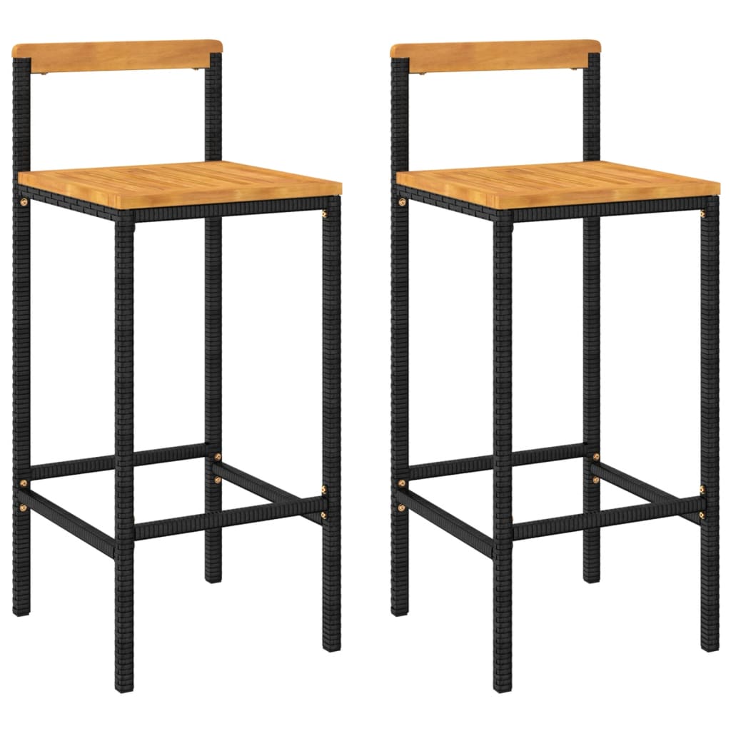 Black Poly Rattan & Acacia Bar Stools - Set of 2