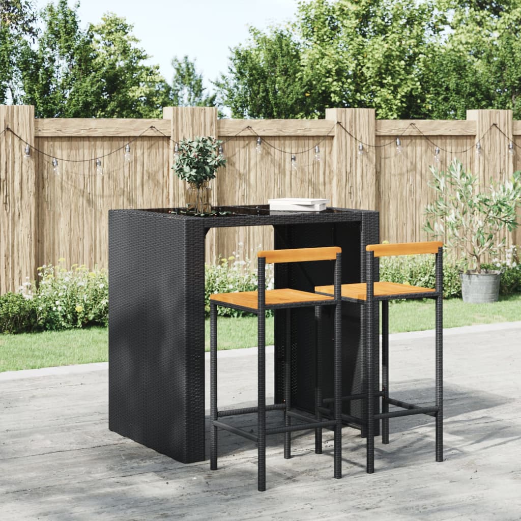 Black Poly Rattan & Acacia Bar Stools - Set of 2