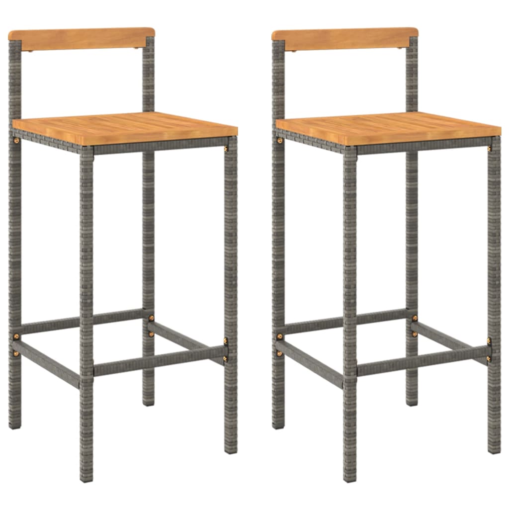Grey Poly Rattan & Acacia Bar Stools, Set of 2