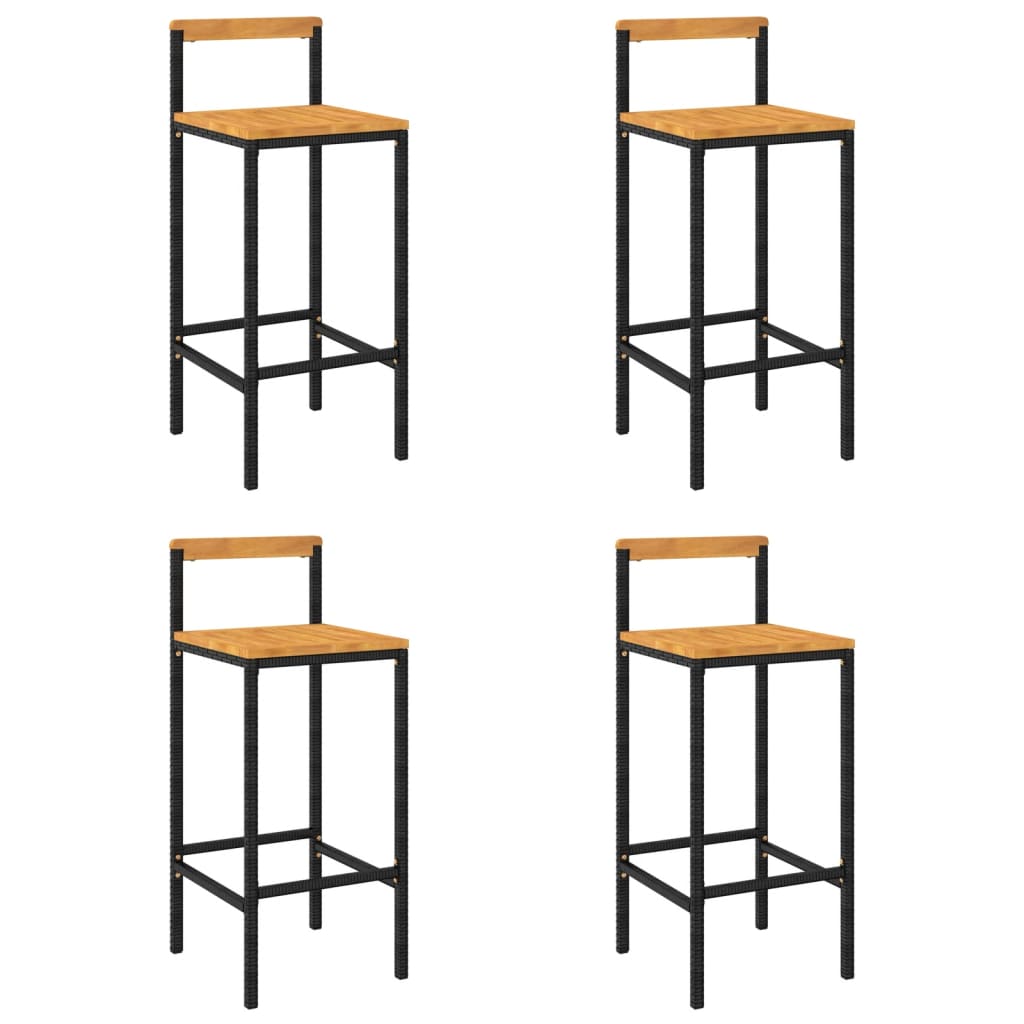 Black Poly Rattan & Acacia Wood Bar Stools Set of 4