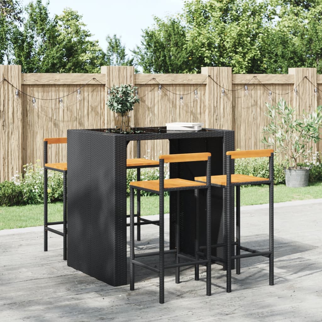 Black Poly Rattan & Acacia Wood Bar Stools Set of 4