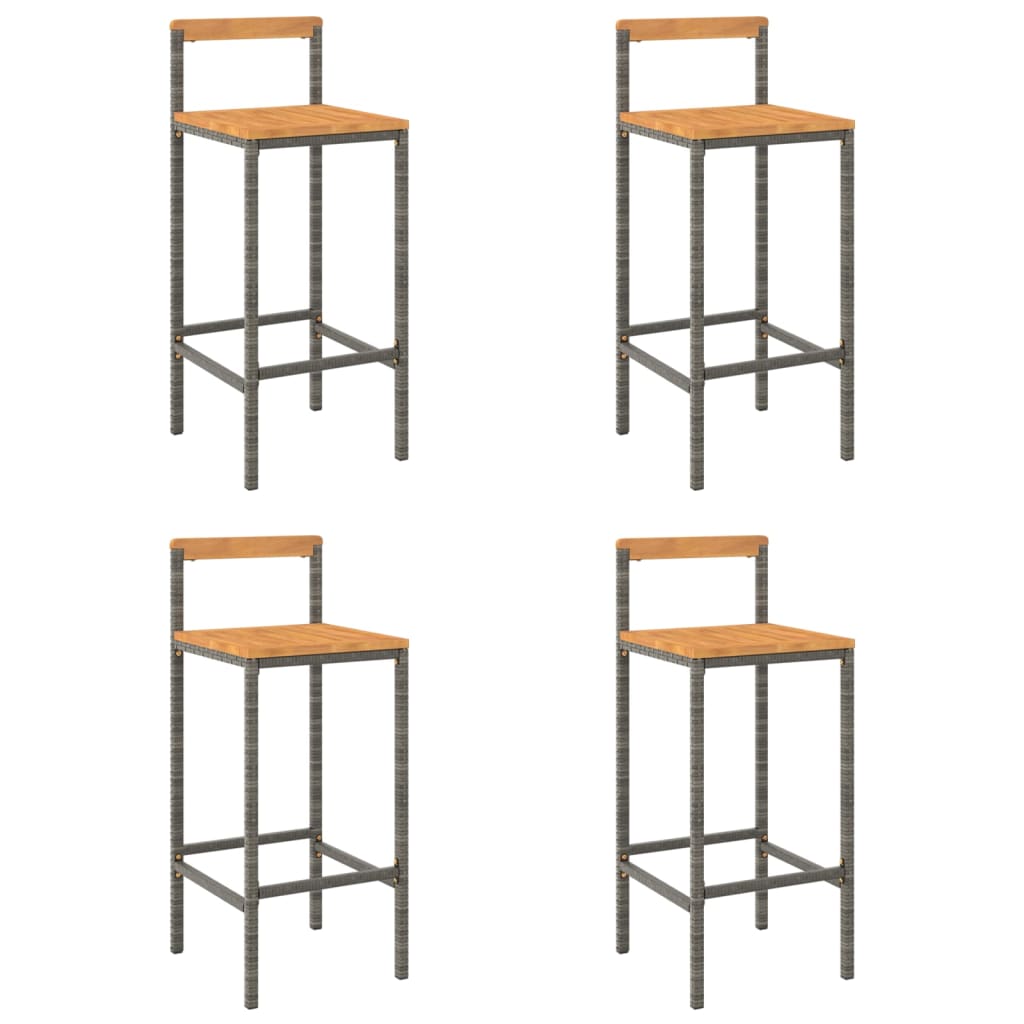 Set of 4 Grey Poly Rattan & Acacia Wood Bar Stools