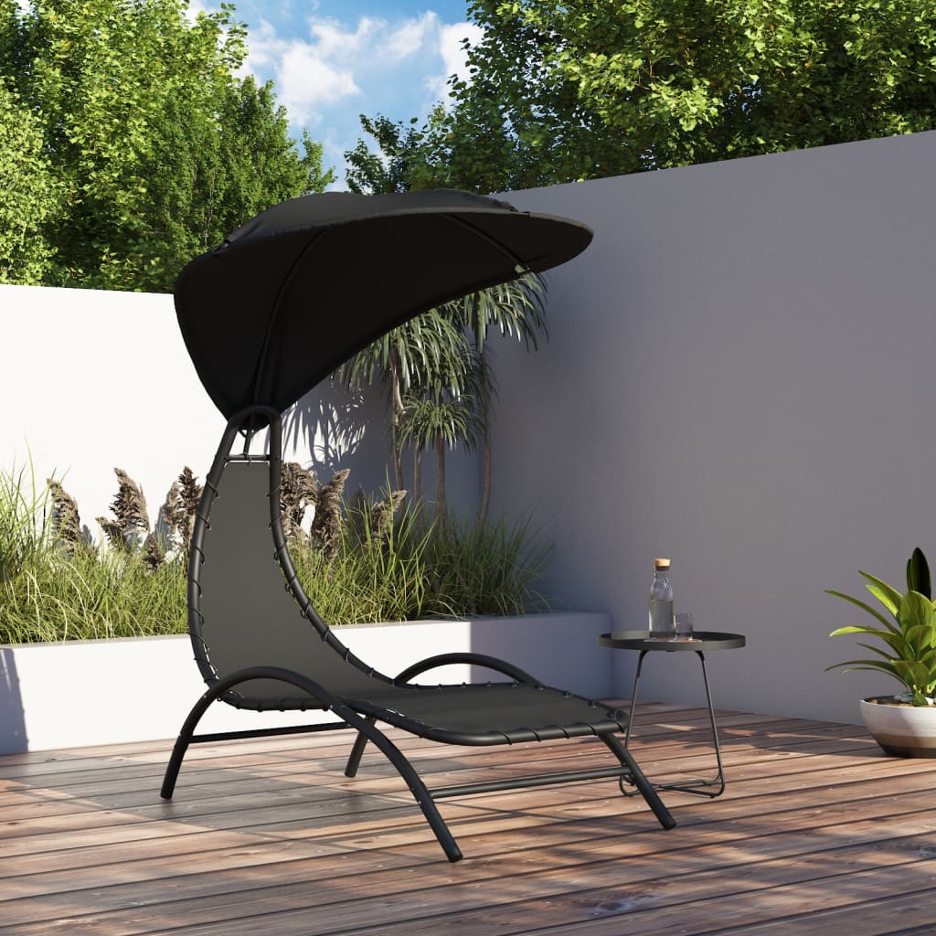 Sleek Black Sun Lounger with Canopy, 167x80x195 cm, Fabric & Steel