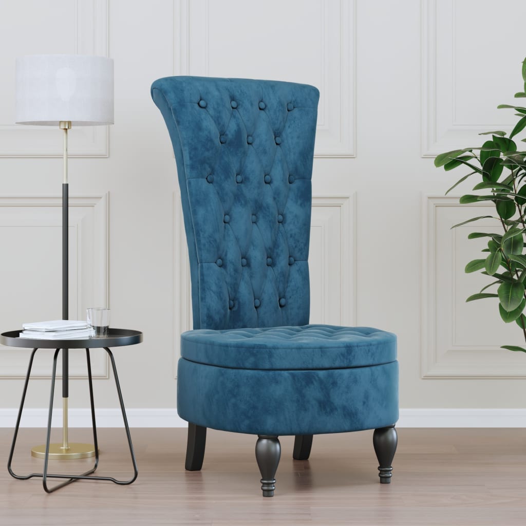 Elegant High Back Blue Velvet Chair with Button Design