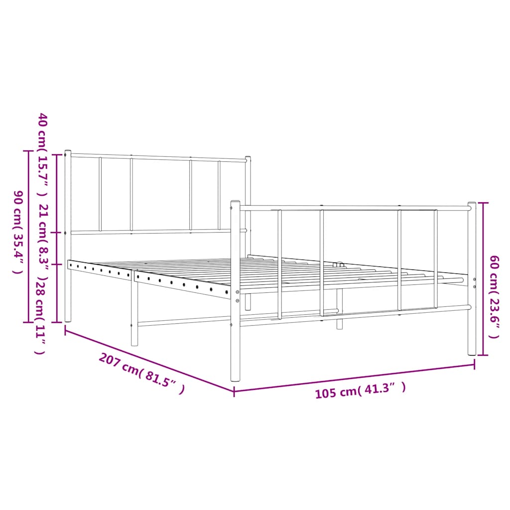 White Metal Bed Frame with Footboard - 100x200 cm