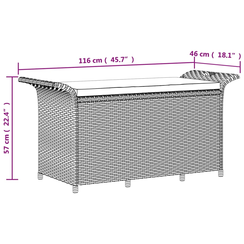 Brown Poly Rattan Garden Bench with Cushion - 116x46x57 cm