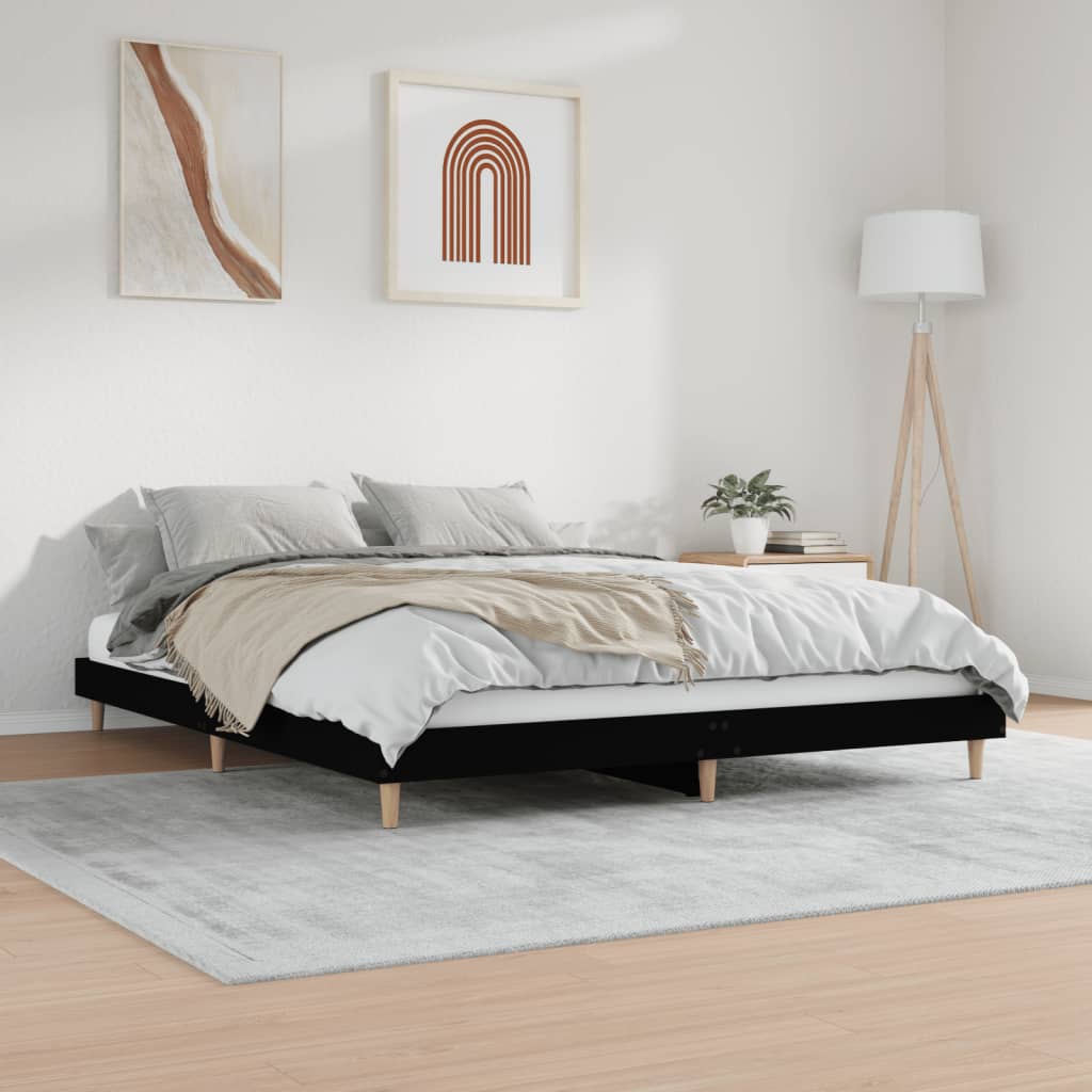 Sleek Black Engineered Wood Bed Frame 200x200 cm - No Mattress Included