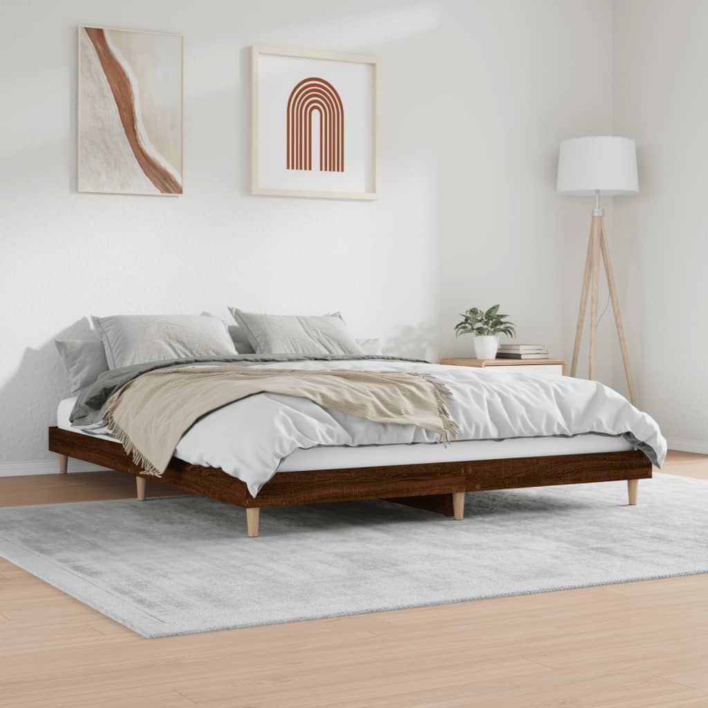 Brown Oak 200x200 cm Engineered Wood Bed Frame - No Mattress