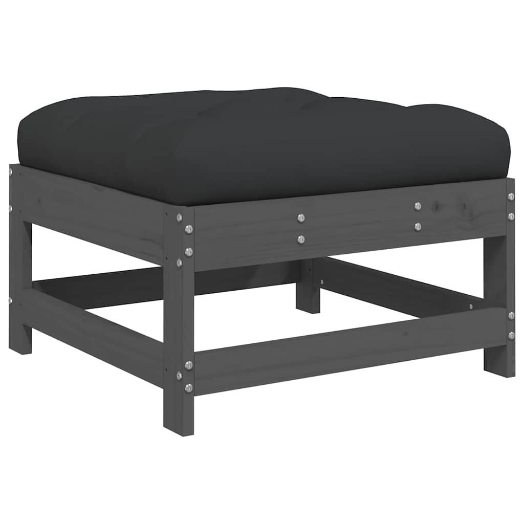 Grey Solid Wood Pine Garden Footstool with Cushion