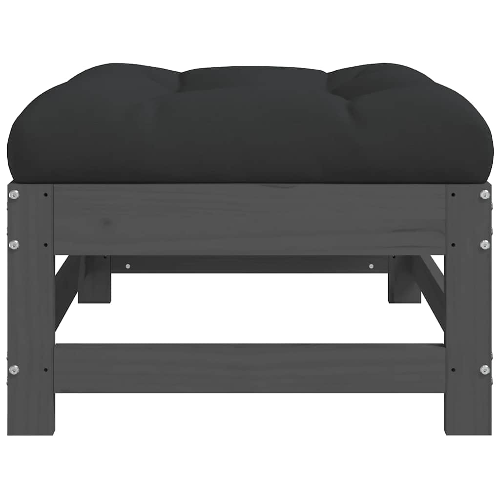 Grey Solid Wood Pine Garden Footstool with Cushion