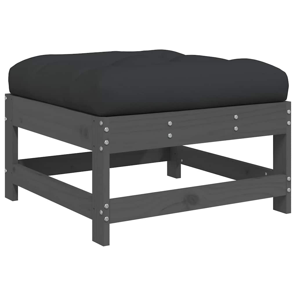 Grey Solid Wood Pine Garden Footstool with Cushion