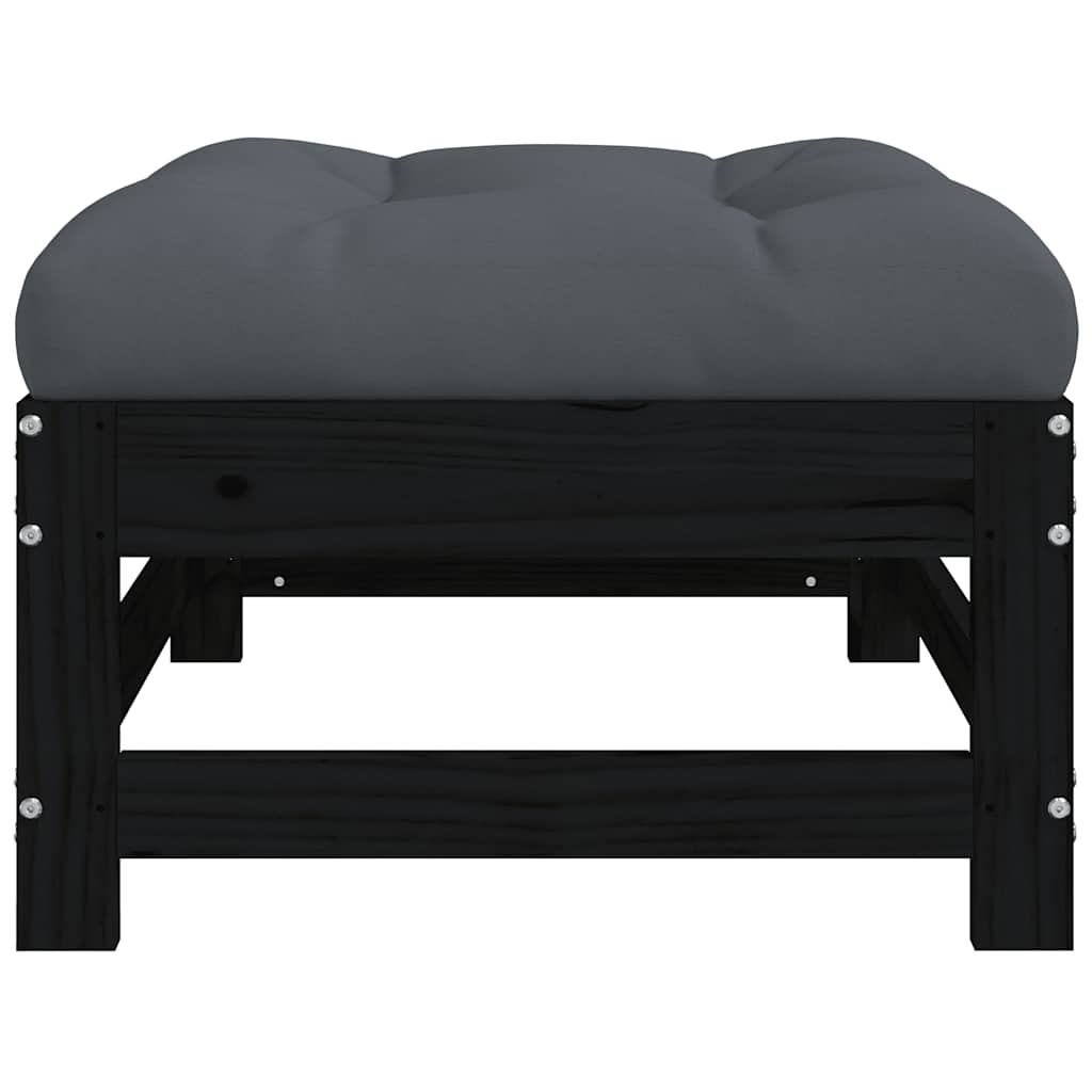 Black Pine Wood Garden Footstool with Cushion - Stylish & Comfortable