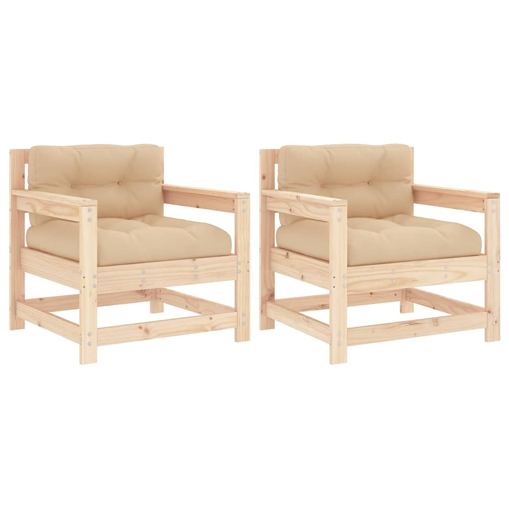 Solid Wood Pine Garden Chairs with Cushions - 2 Piece Set