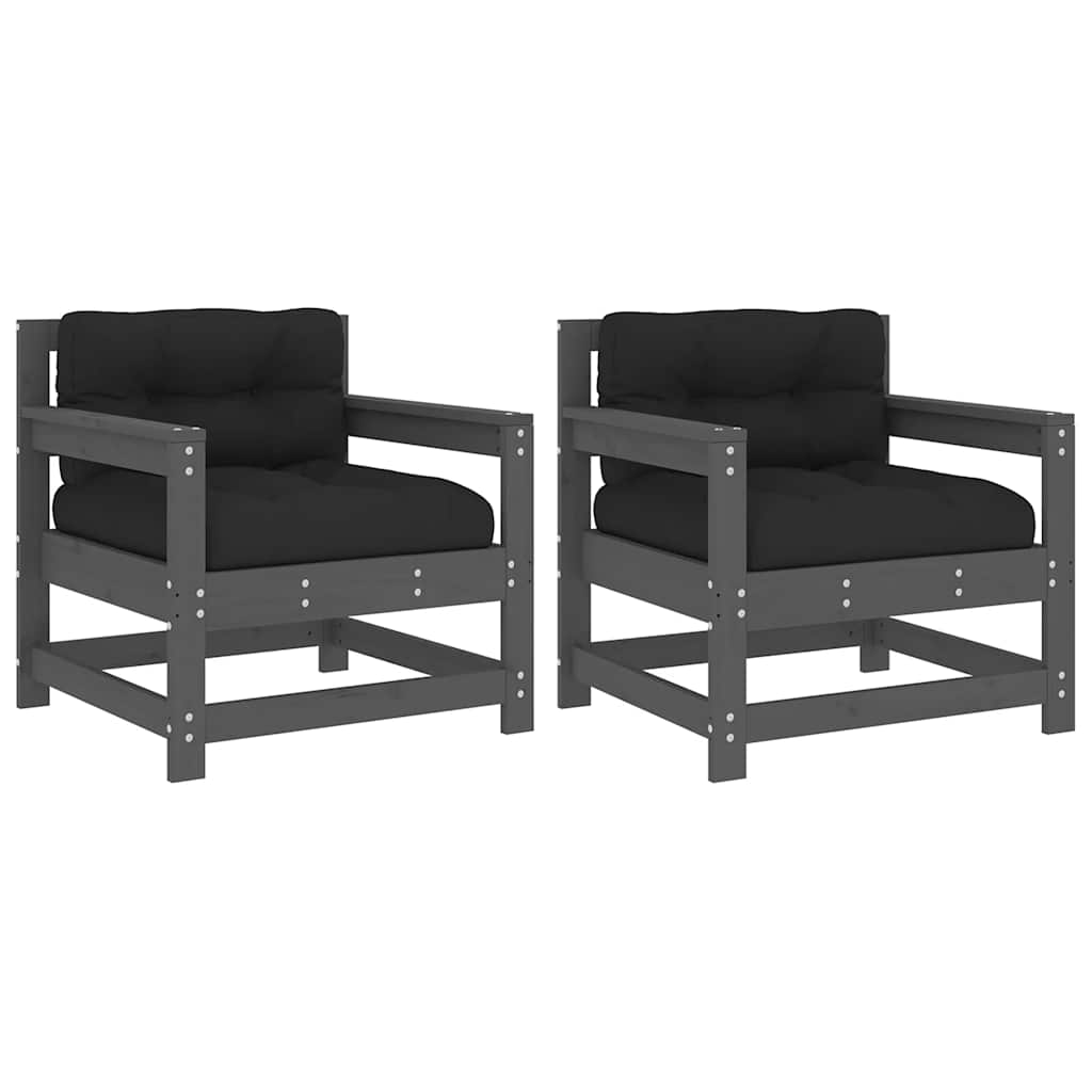 2-Piece Grey Solid Pine Garden Chairs with Cushions