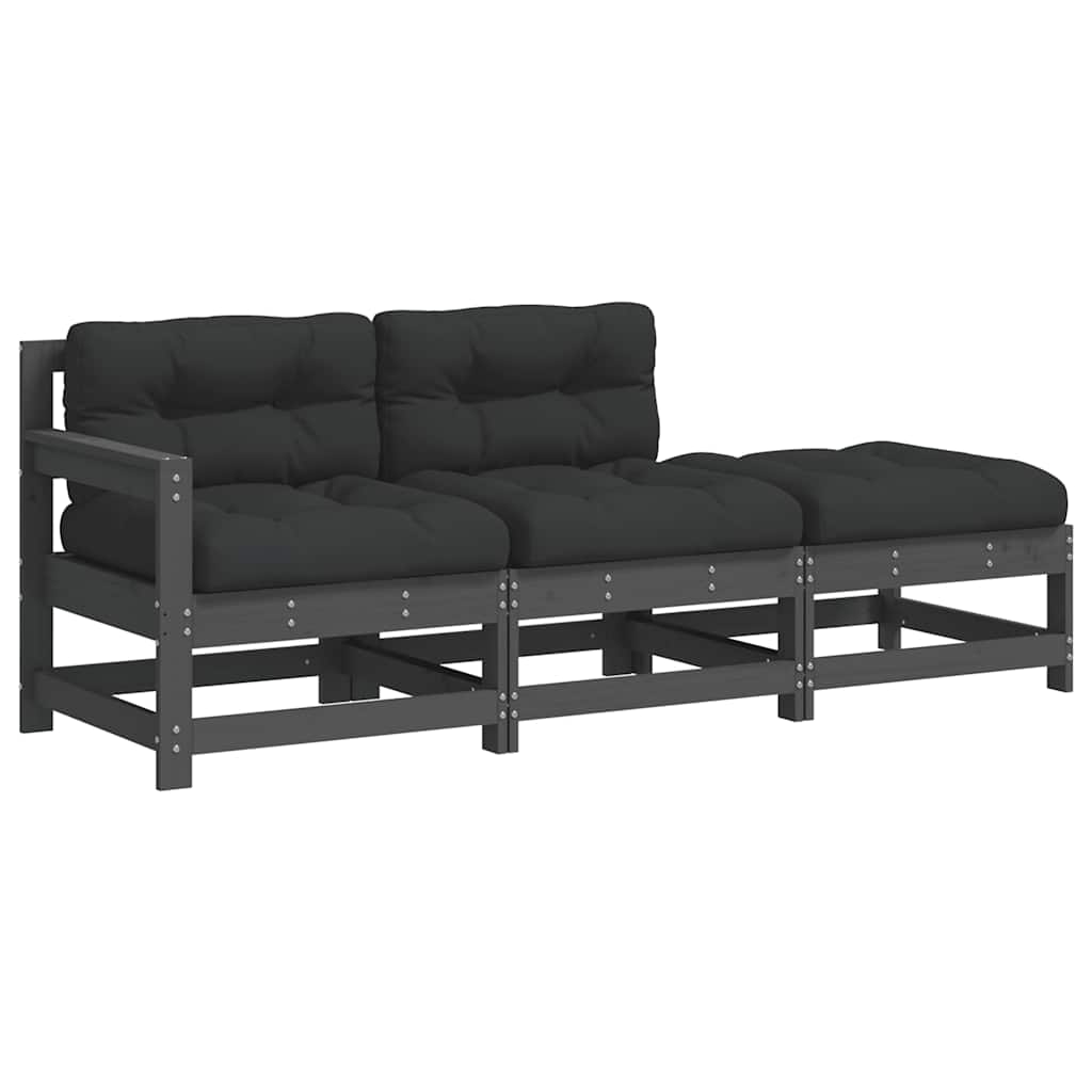 3-Piece Grey Solid Wood Garden Lounge Set with Cushions