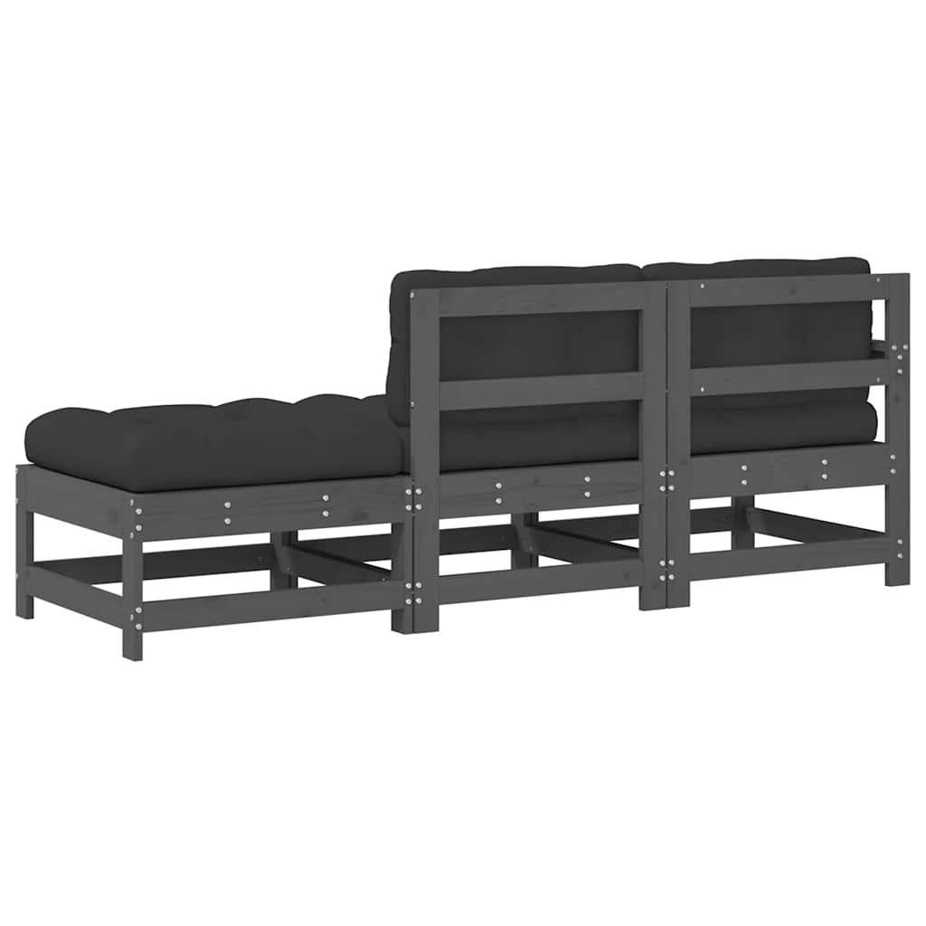 3-Piece Grey Solid Wood Garden Lounge Set with Cushions