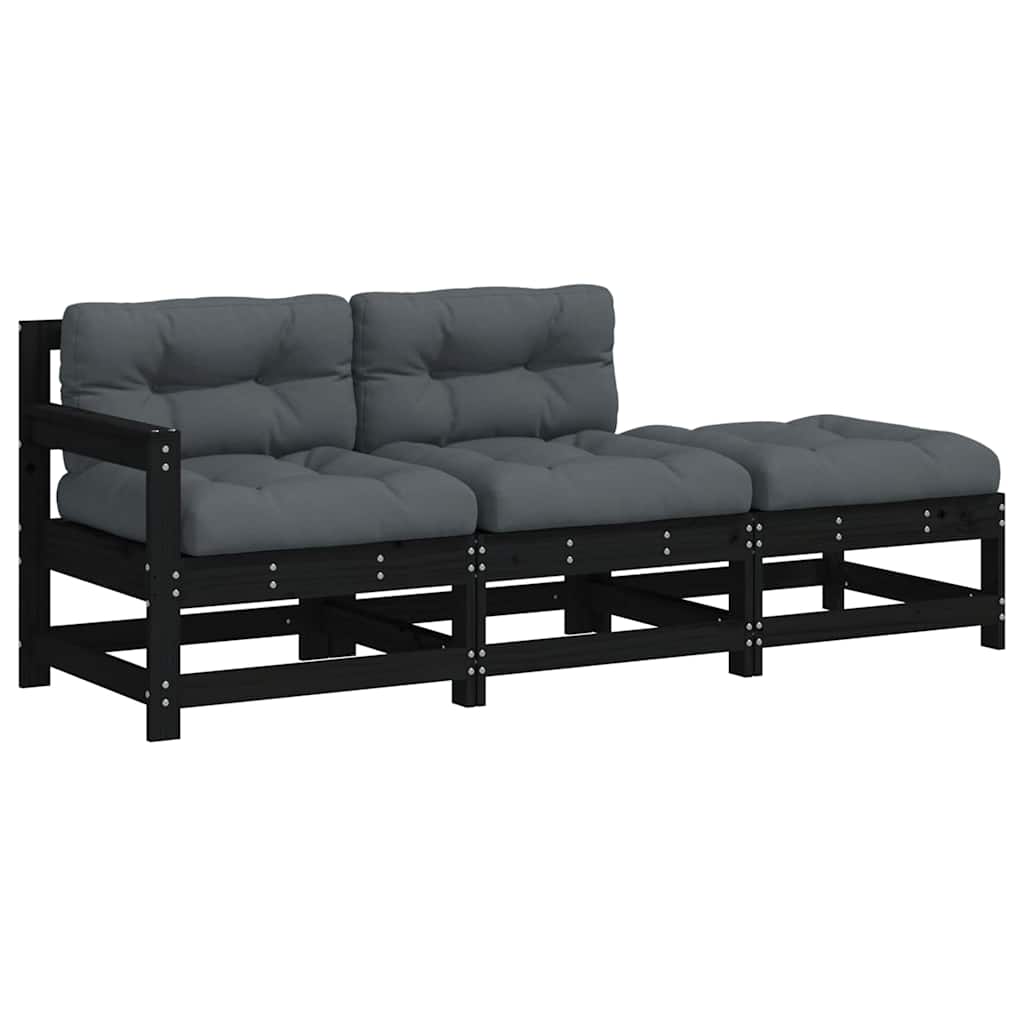Black Solid Wood 3 Piece Garden Lounge Set with Cushions