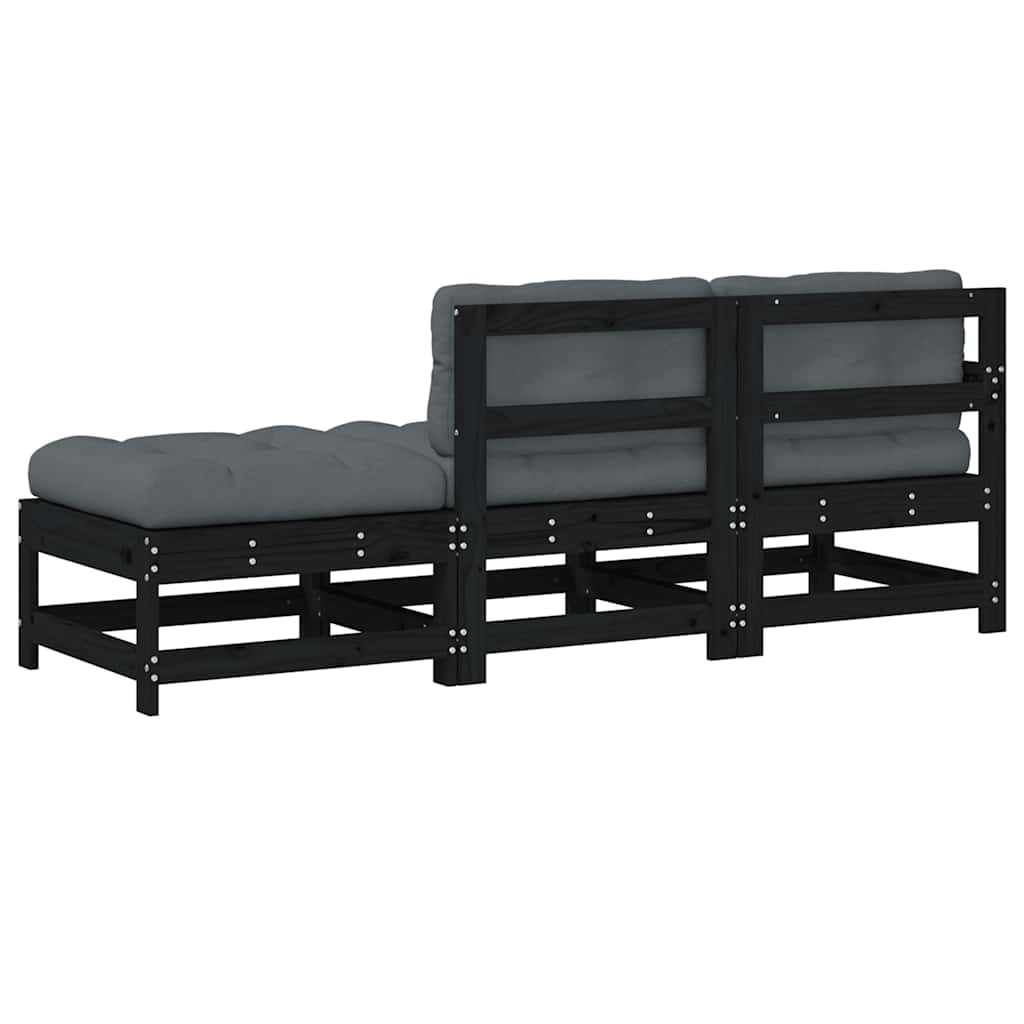 Black Solid Wood 3 Piece Garden Lounge Set with Cushions