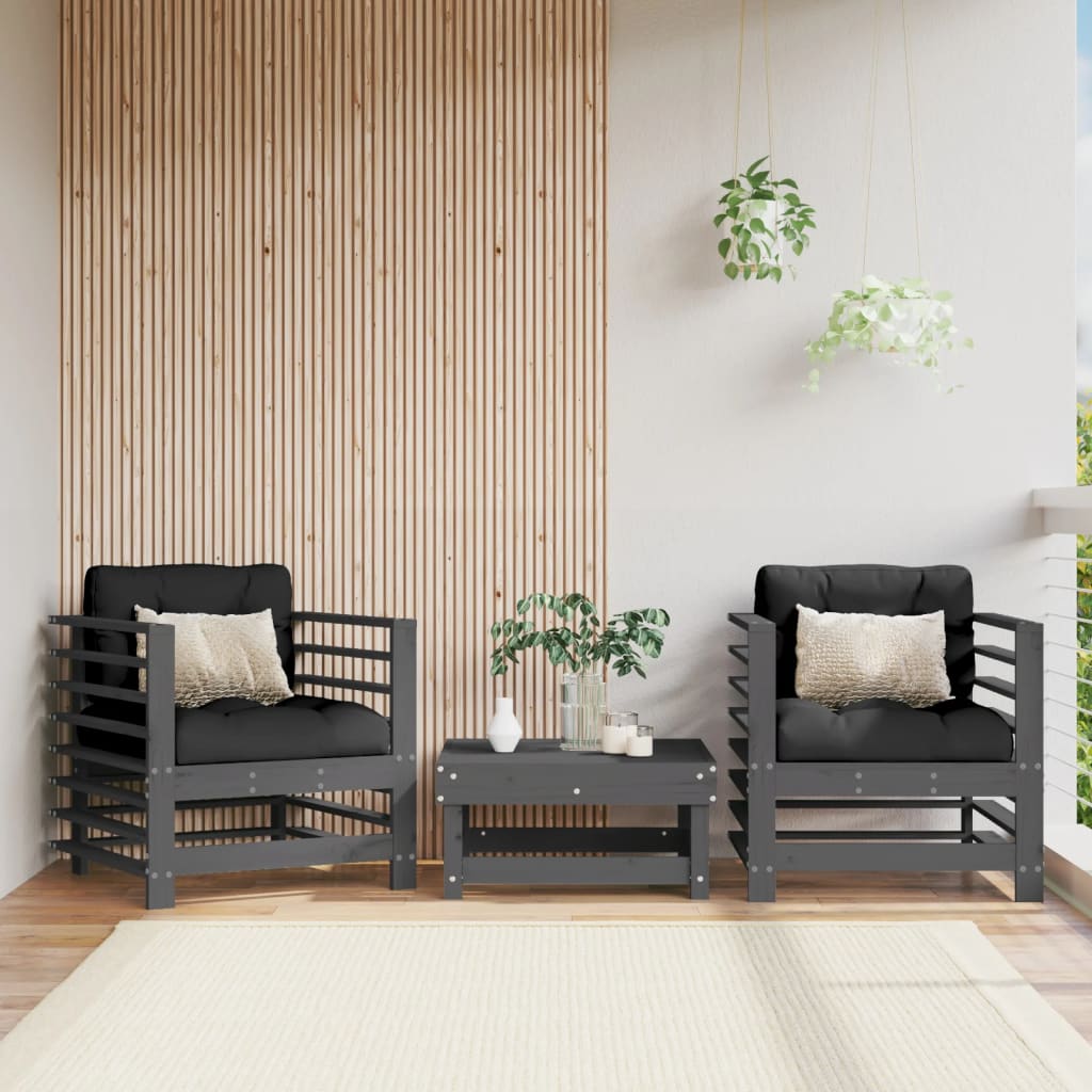 Solid Wood Pine Garden Chairs with Cushions, 2 Pcs - Grey