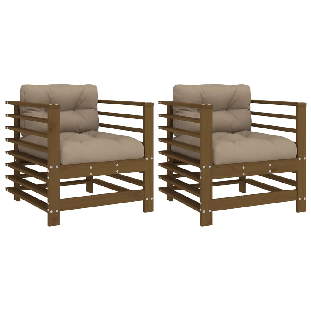 Honey Brown Solid Pine Garden Chairs with Cushions, 2-Piece Set