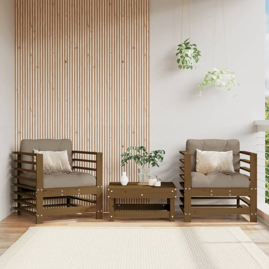 Honey Brown Solid Pine Garden Chairs with Cushions, 2-Piece Set