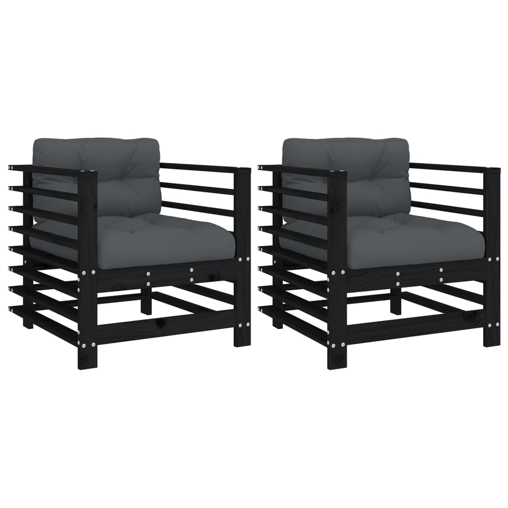 Black Solid Wood Pine Garden Chairs with Cushions - 2 Piece Set