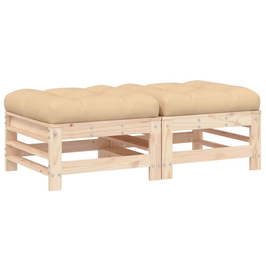 Solid Pine Wood Garden Footstools with Cushions, 2pcs Set