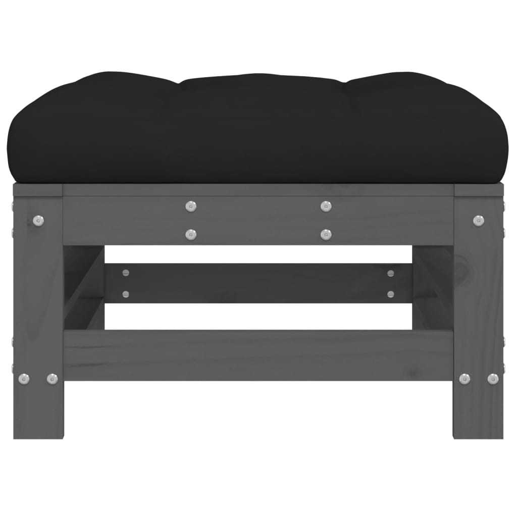 Grey Solid Pine Garden Footstools with Cushions, 2pcs Set