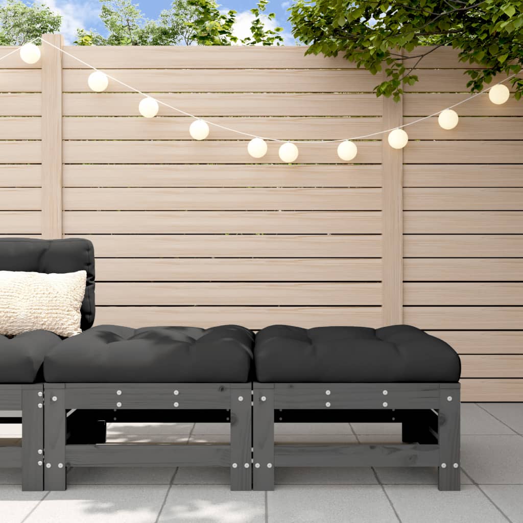 Grey Solid Pine Garden Footstools with Cushions, 2pcs Set