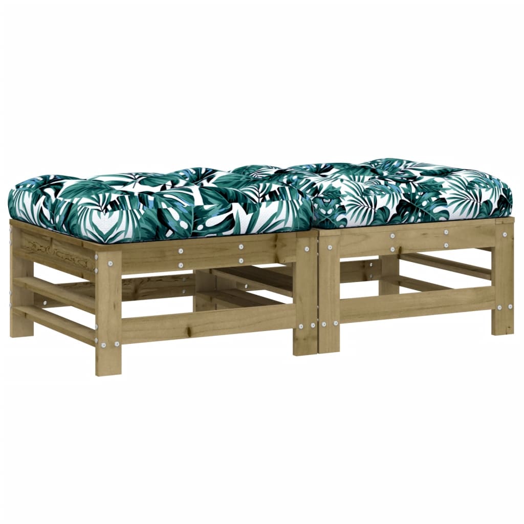 Pine Wood Garden Footstools with Cushions, 2pcs Set