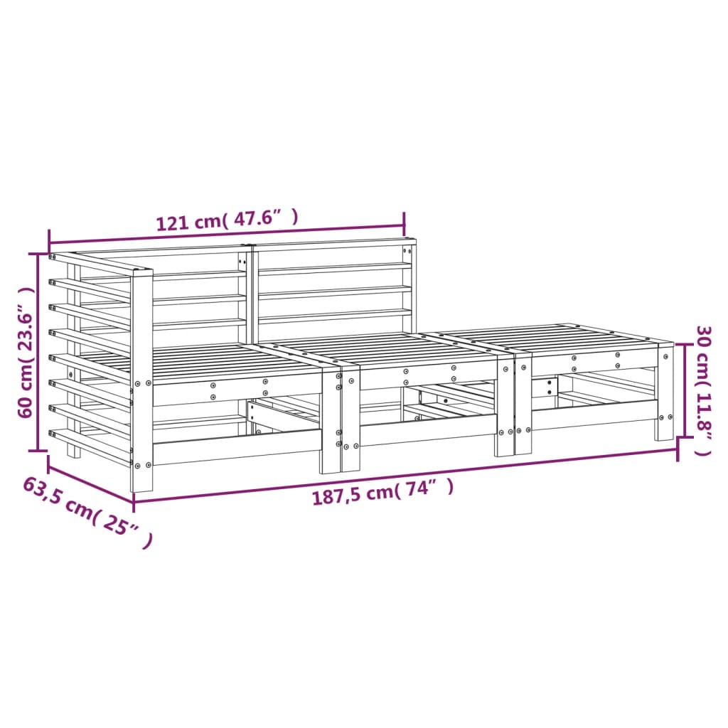 White Solid Pine 3-Piece Garden Lounge Set - Stylish & Durable