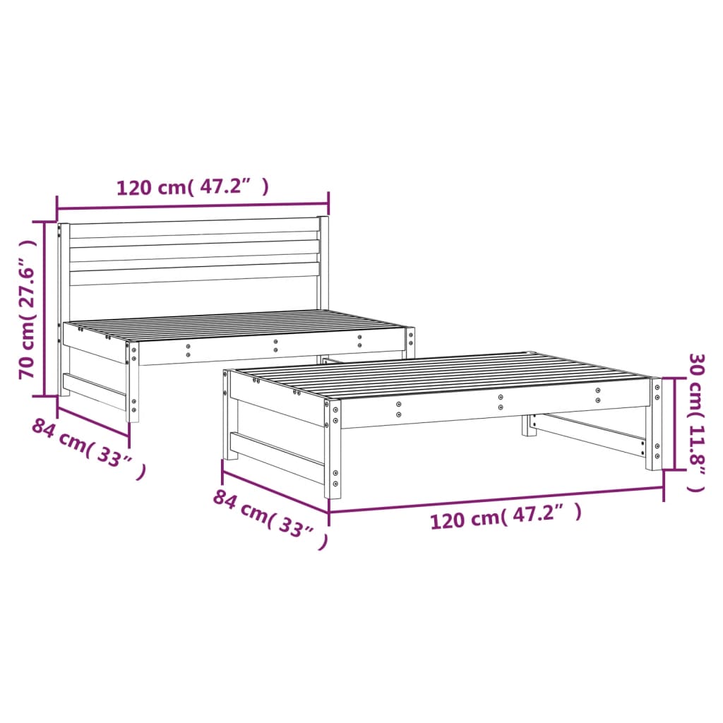 2 Piece Black Pine Wood Garden Lounge Set