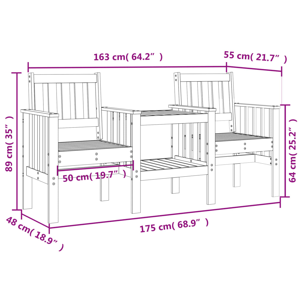 Solid Pine 2-Seater Garden Bench with Table - Natural Wood Finish