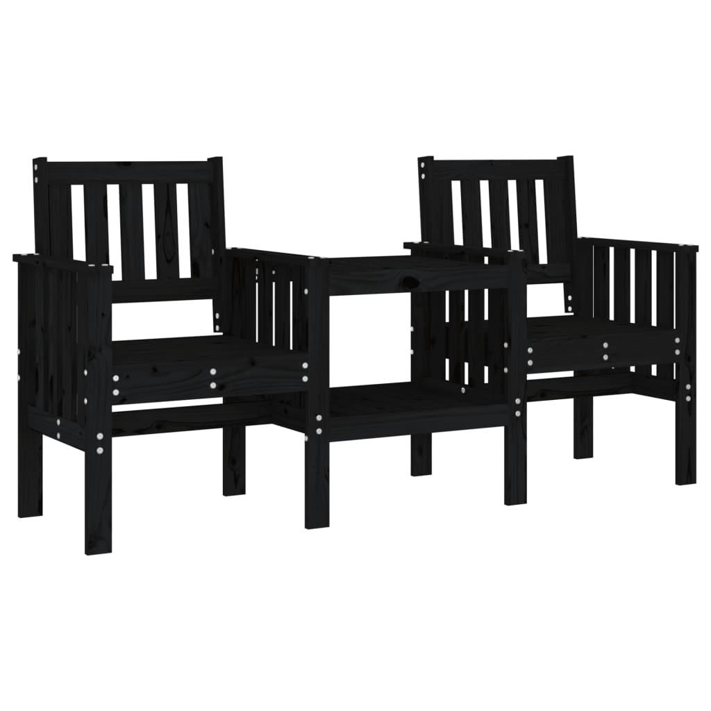 2-Seater Black Pine Garden Bench with Table - Solid Wood