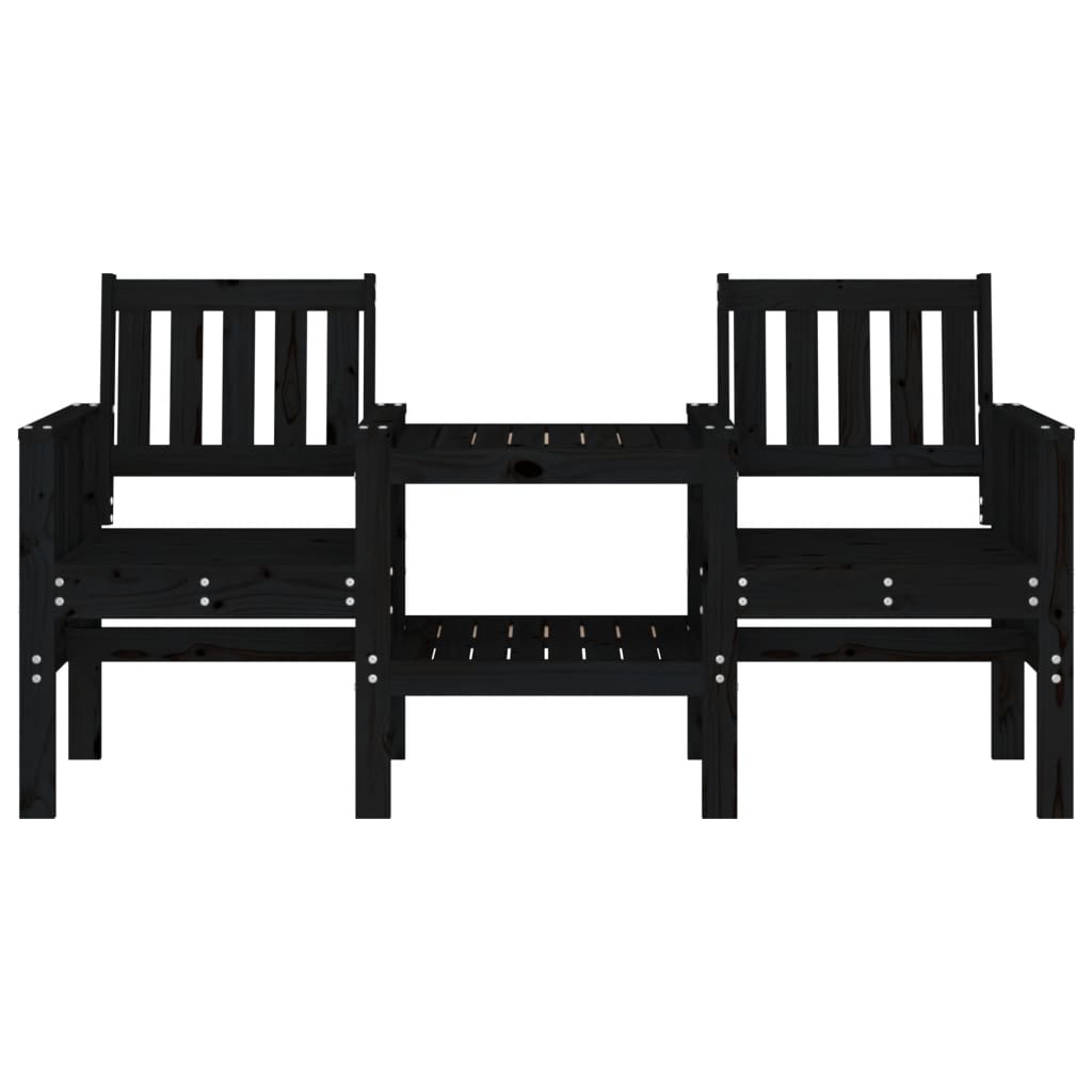 2-Seater Black Pine Garden Bench with Table - Solid Wood