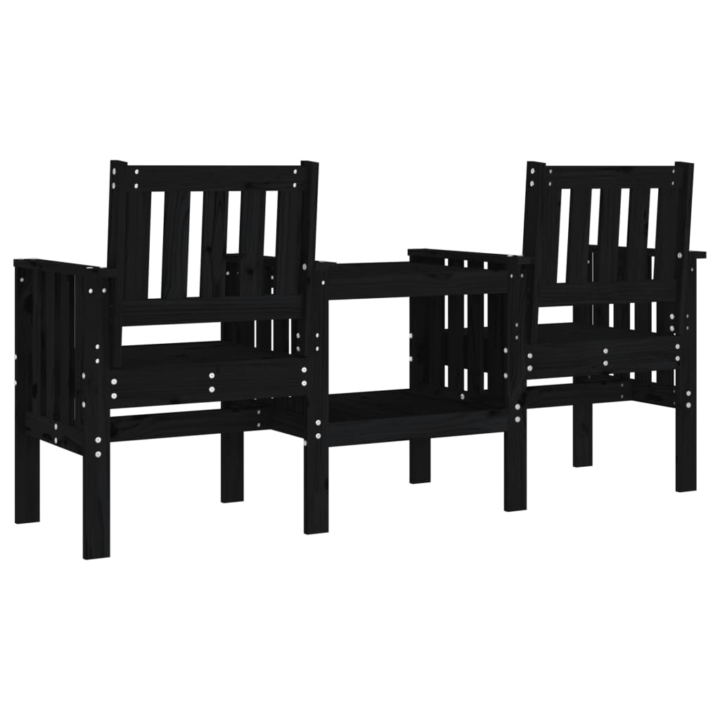 2-Seater Black Pine Garden Bench with Table - Solid Wood
