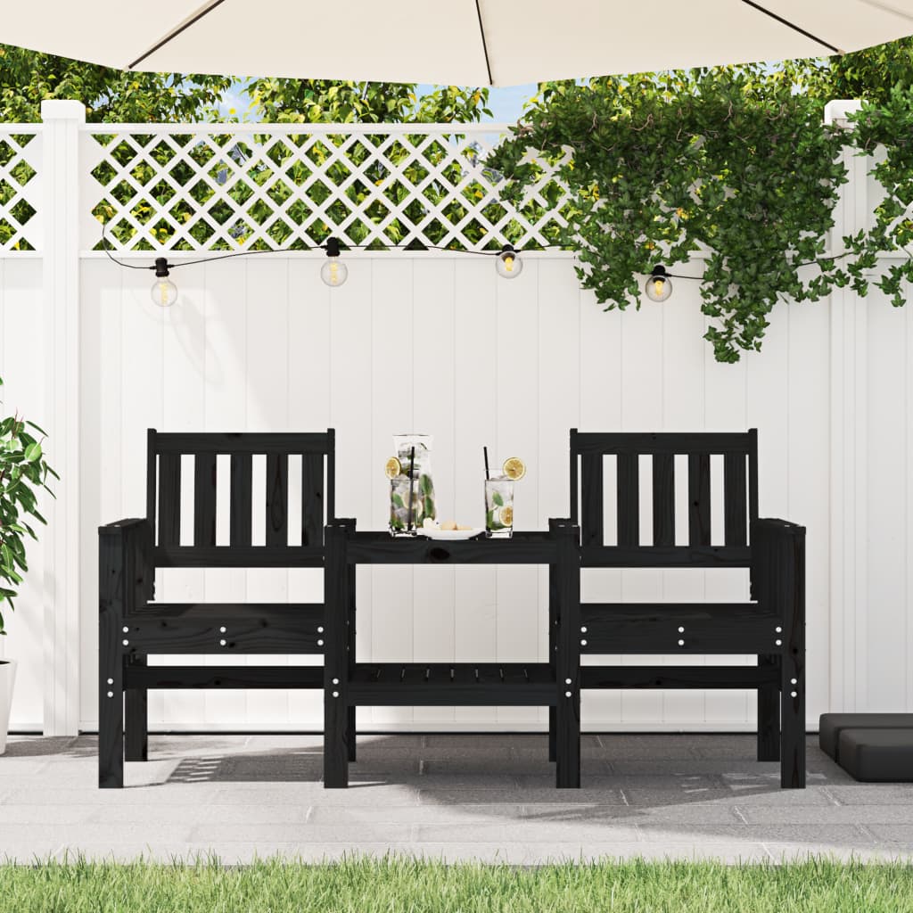2-Seater Black Pine Garden Bench with Table - Solid Wood