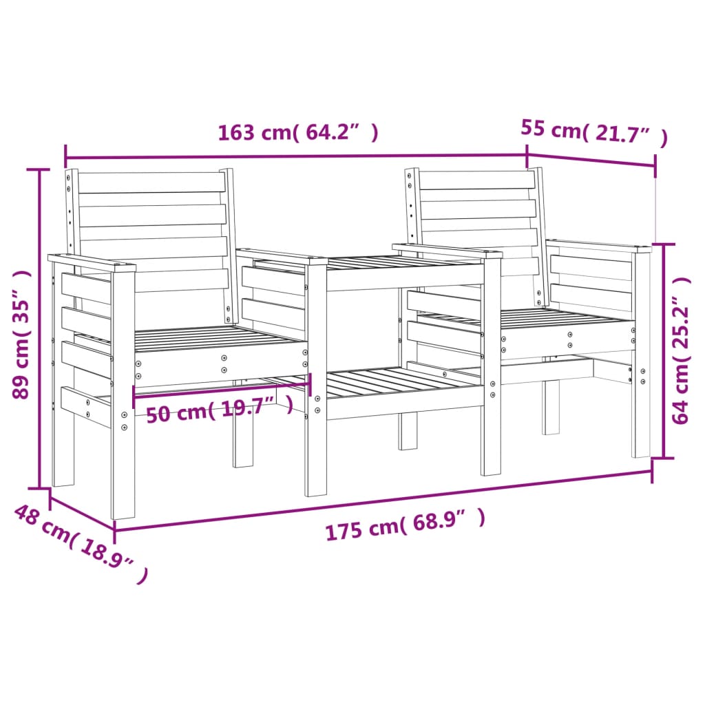 2-Seater Solid Pine Garden Bench with Table - Natural Wood Finish